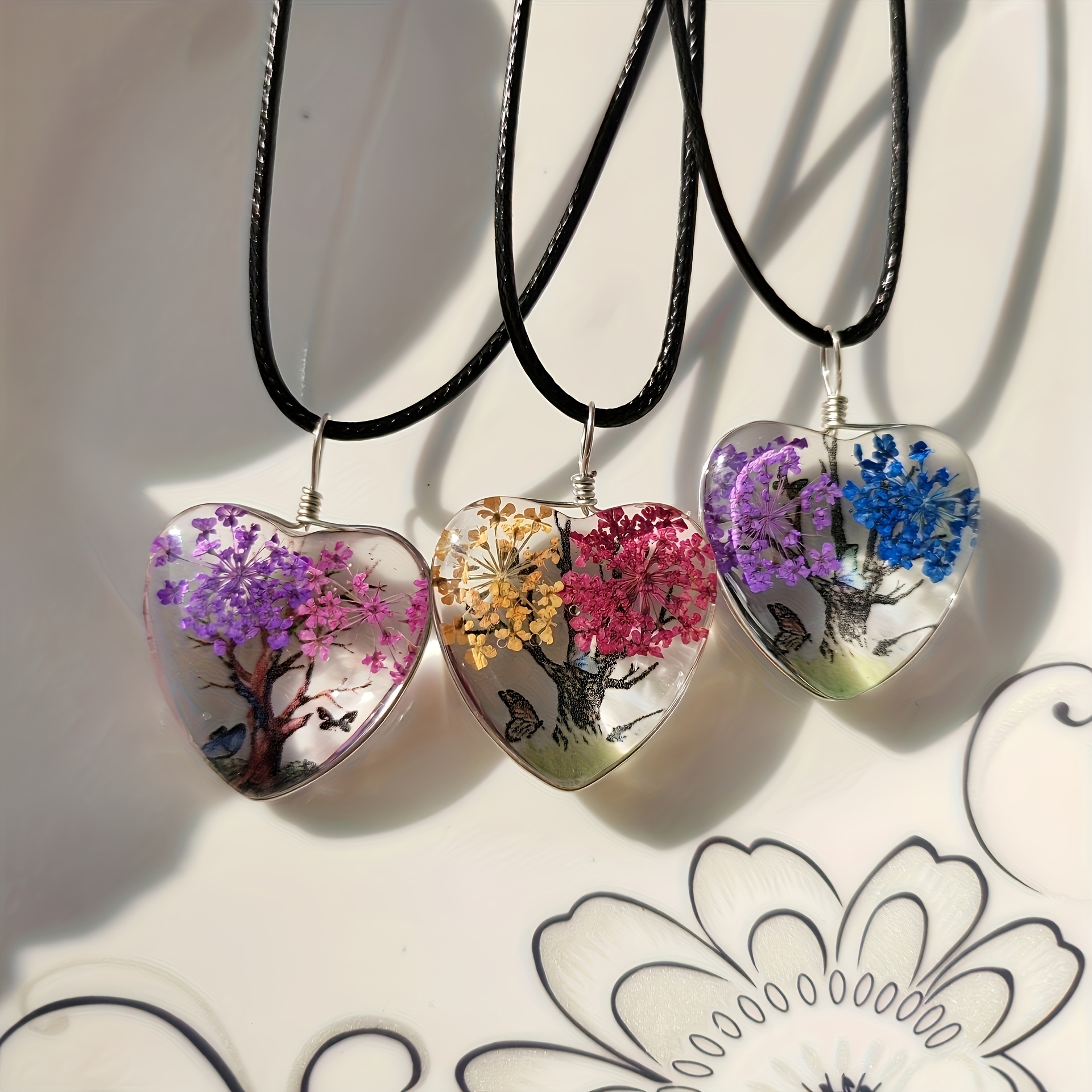 10pcs Heart-Shaped Glass Flower Tree Pendant Necklaces, Adjustable Cord