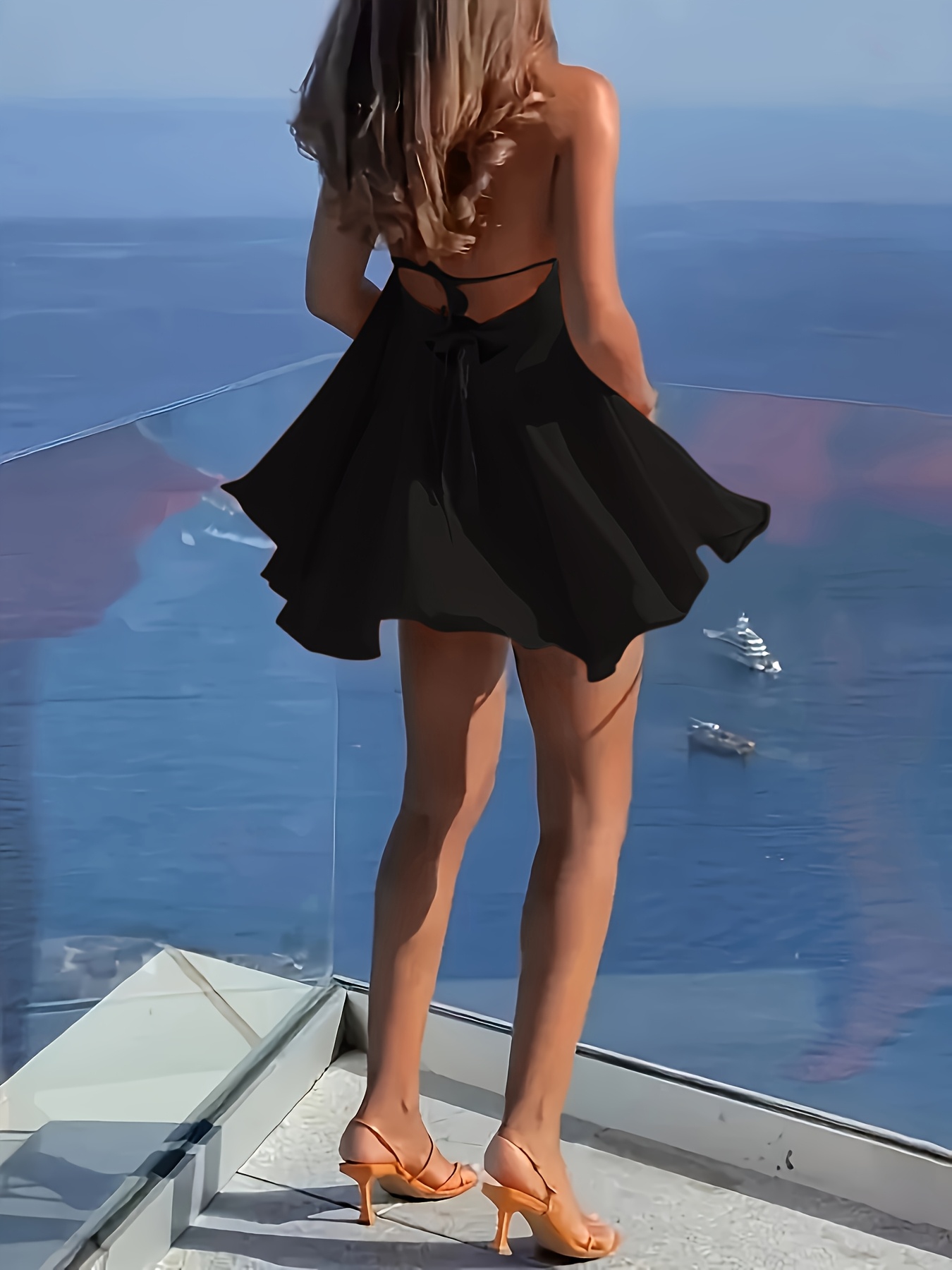 Women's Sexy Backless V-Neck A-Line Dress - Sleeveless, Tie-Back Waist, Flowy Orange Mini Dress for Summer, Beach & Casual Outings