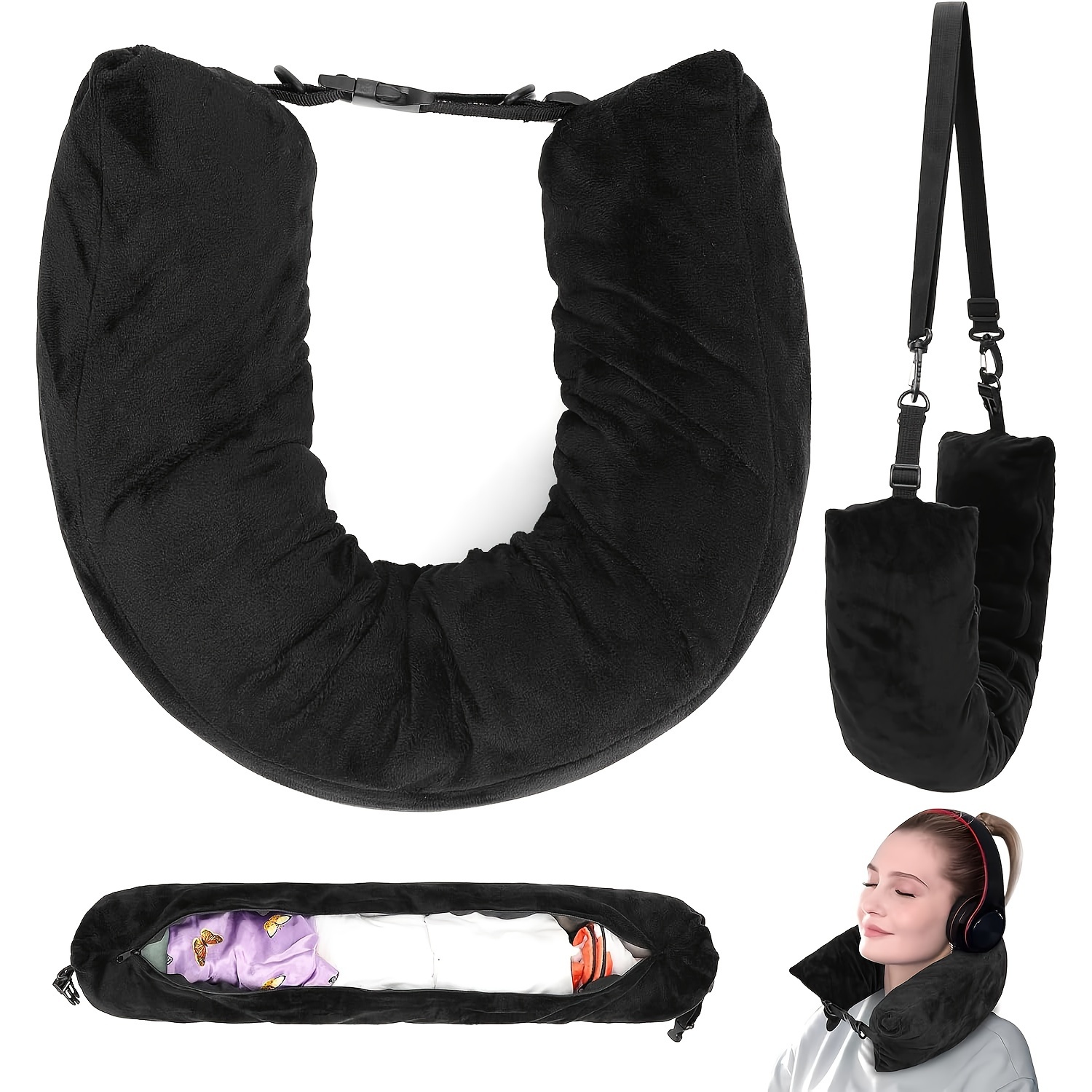 

Multifunctional Velvet Travel Neck Pillow With Storage Bag - Machine Washable, Adjustable Straps For , Portable Fleece Cover, Ideal For Long Flights And Road Trips