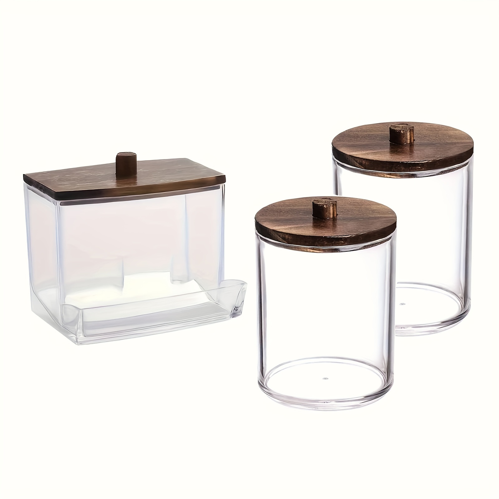 TEMU 3pcs Bathroom Jar Set, Plastic And Wood & Swab , Unscented Clear Organizer Containers, Wooden Lids For Vanity Storage