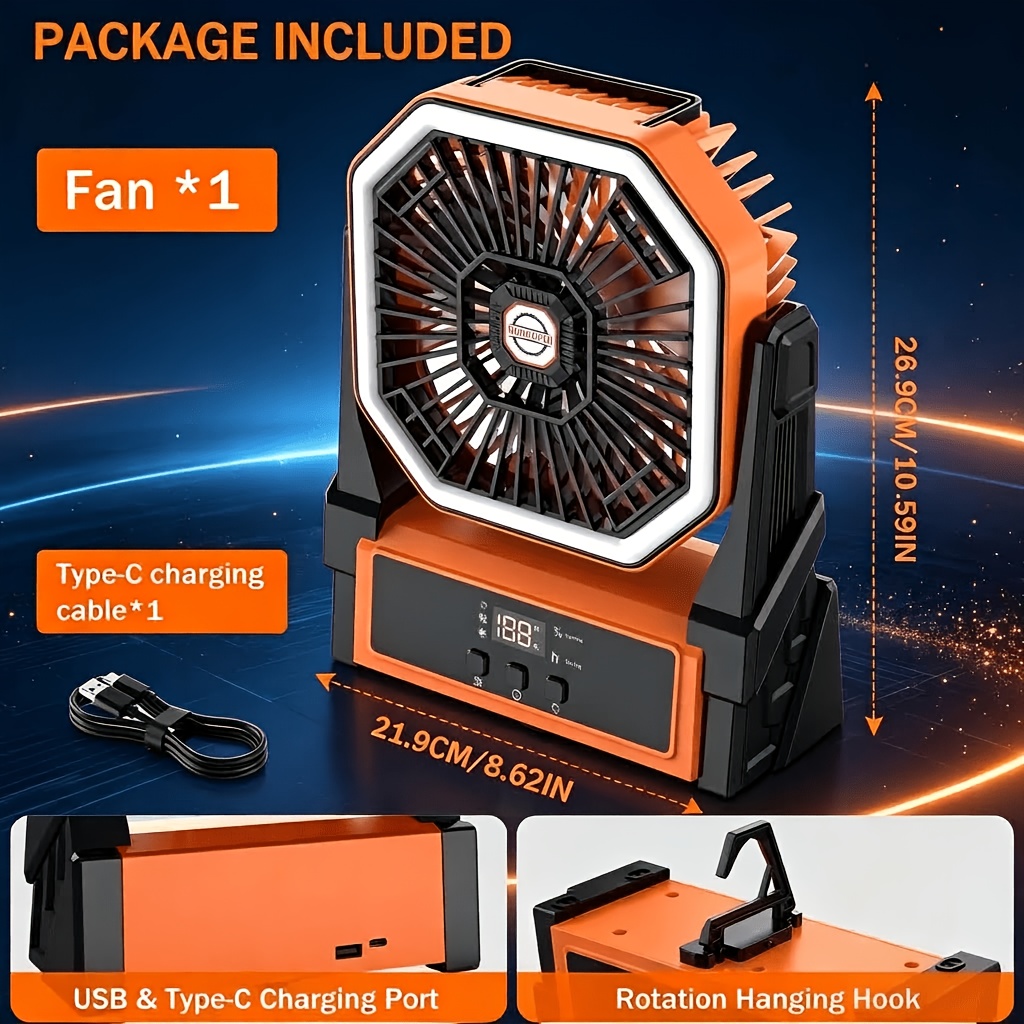 Image of Rechargeable Camping Fan With Led Lantern, Portable Tent Cooling Fan, Digital Display & Hanging Hook, Usb Type-c Charging, Power Bank For Camping Fishing Emergency, For Outdoor Camping Travel