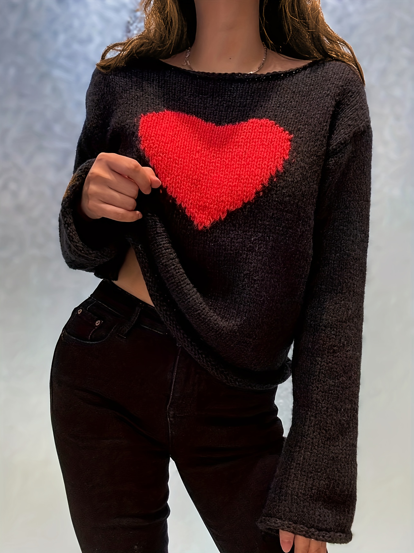 heart pattern boat neck knit sweater casual long sleeve thin
