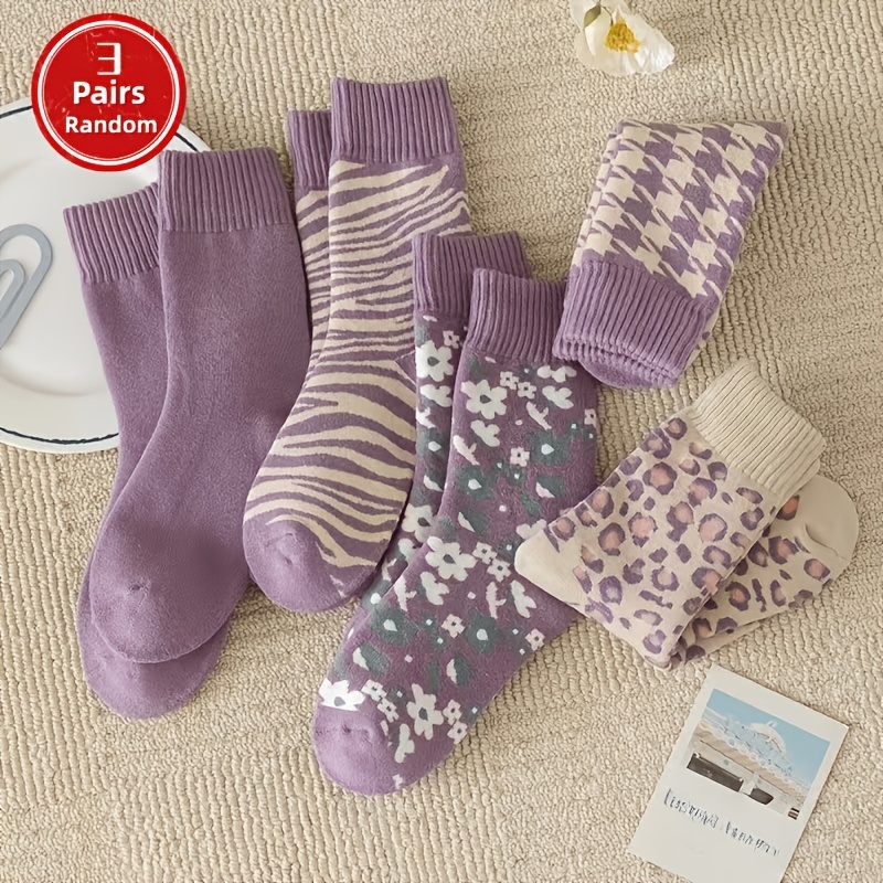 Image of Mixed Color Random 3-pair Winter Thickened -lined Purple Series Women's Mid-calf Socks For Sleeping, , Autumn And Winter