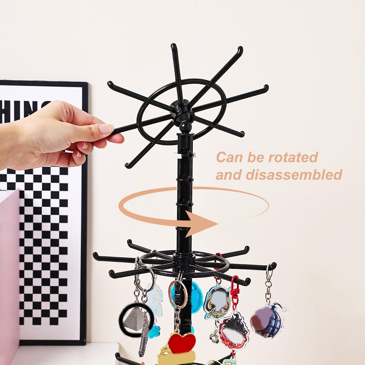 Black/Transparent Rotatable Key Hook Rack, Adjustable Height Jewelry Organizer