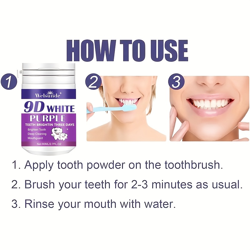 Welsunde 9D White Purple Tooth Powder - Deep Cleaning, Mint Flavor Probiotics, Refreshing Breath, Brighter Teeth Every Day, Home & Travel Use, Travel Tooth Care | Mint Flavor Powder | Deep Cleaning Powder