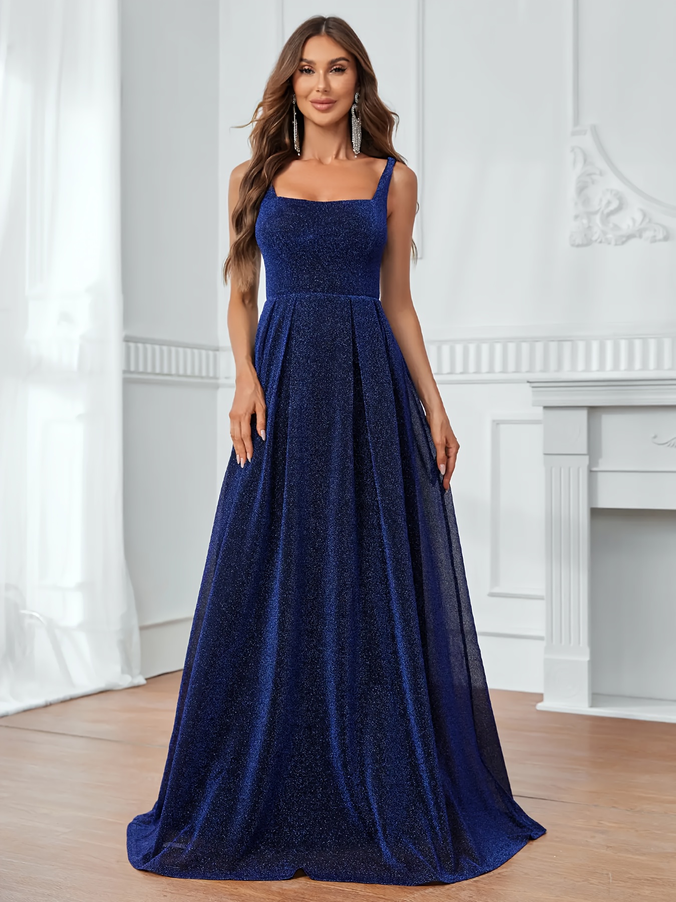 Women's Elegant Navy Blue A-Line Spaghetti Strap Evening Gown Long Formal  Dress for Weddings, Graduation, Prom Special Occasions, Special Occasion 