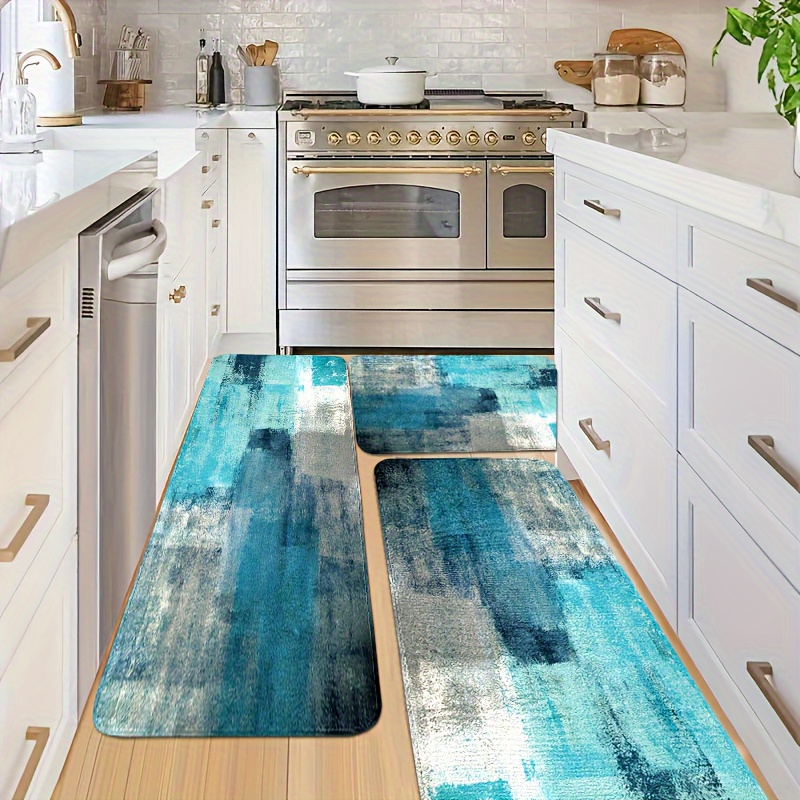 

Machine Washable Polyester Kitchen Rugs, 2/3 Piece Set, Teal And Grey Abstract Mats - Stain Resistant, Lightweight, High Pile, Non-slip Runner For Home, Office, Sink, Laundry