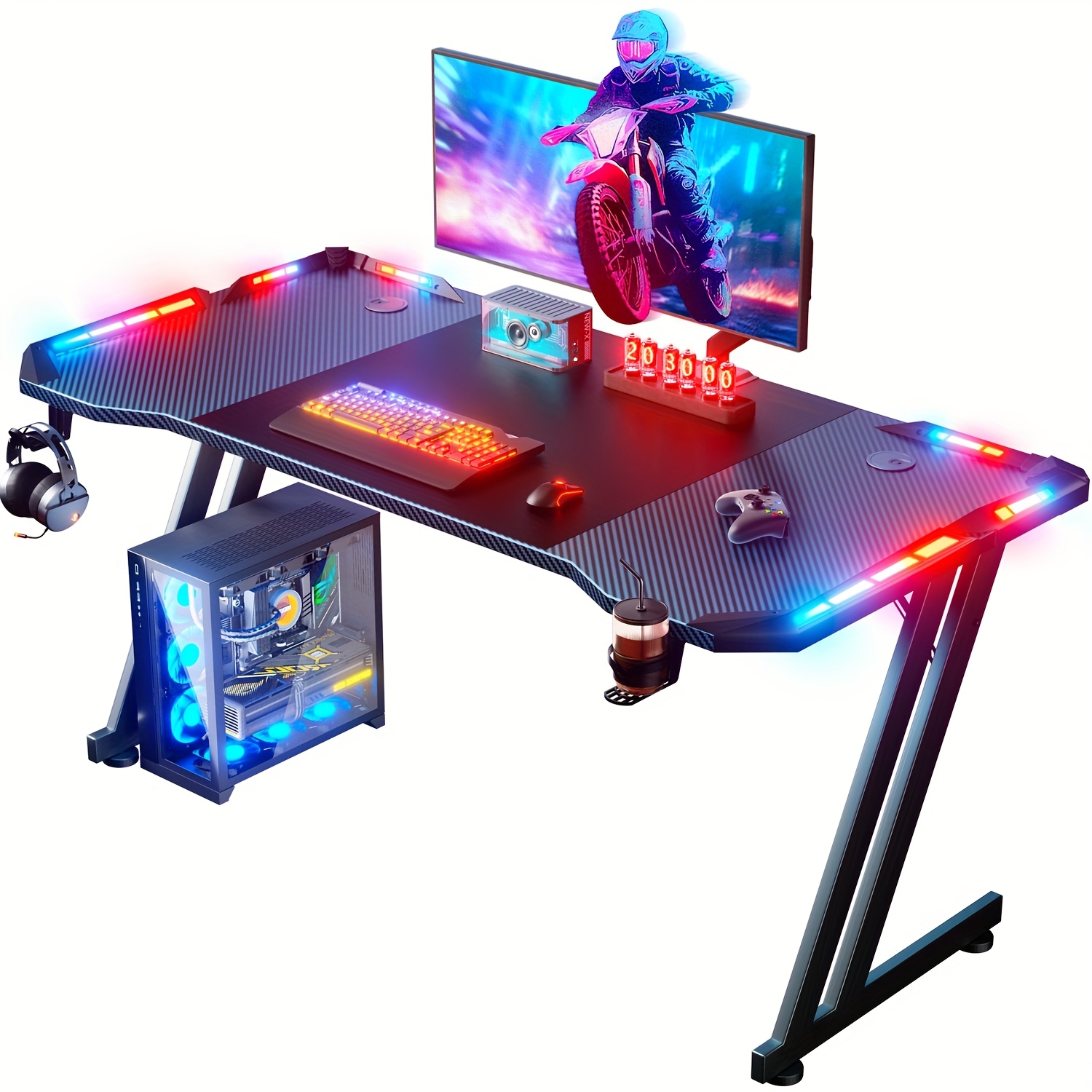 HOME DESK Gaming Desk With LED Lights Carbon Fibre Surface Gaming Table Large Computer Desk Ergonomic Home Office Desks Z Shaped PC Gamer Workstations With Headphone Hook & Cup Holder