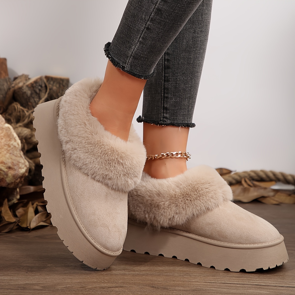 New Solid Color Women's Fleece-Lined Warm Thick-Soled Platform Snow Boots  Home Shoes Halloween Christmas Gift