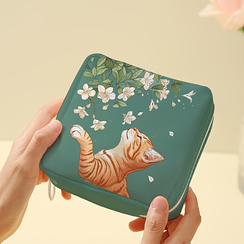 E-shop Tragbare und große Aufbewahrungstasche für Damenbinden mit Katzenblumenmuster, Aufbewahrungstasche für Süßigkeiten und Sonstiges, leichte