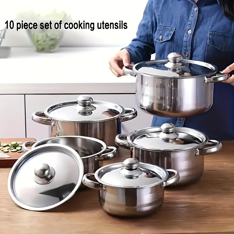 

10-piece Deluxe Stainless Steel Cookware Set - Durable, Versatile, And Non-stick With 5 Sizes (18-26cm) And Lids, Perfect For Ramadan And Everyday Cooking, Easy To Clean And Store