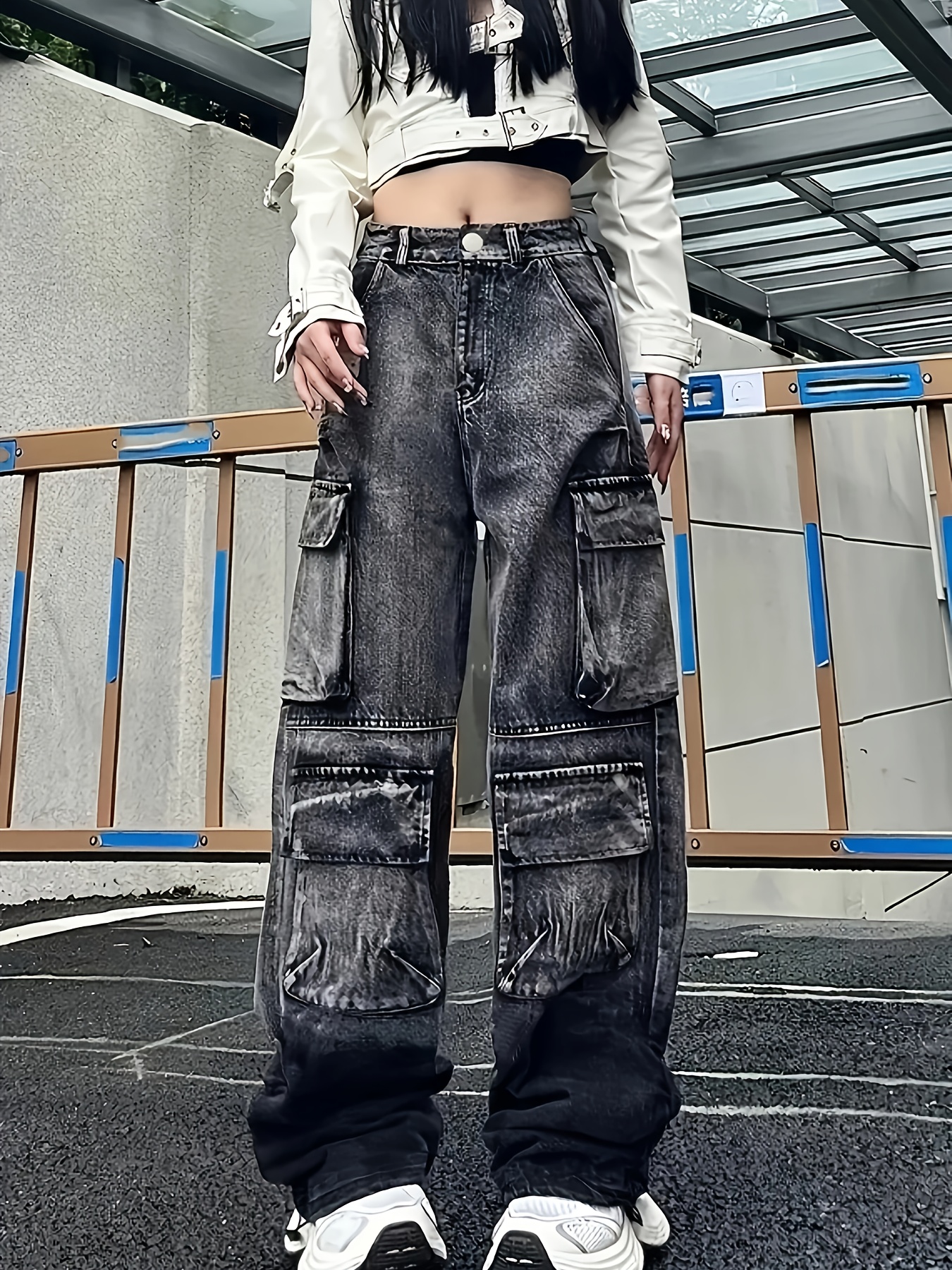 womens vintage style cargo jeans high - Temu Peru