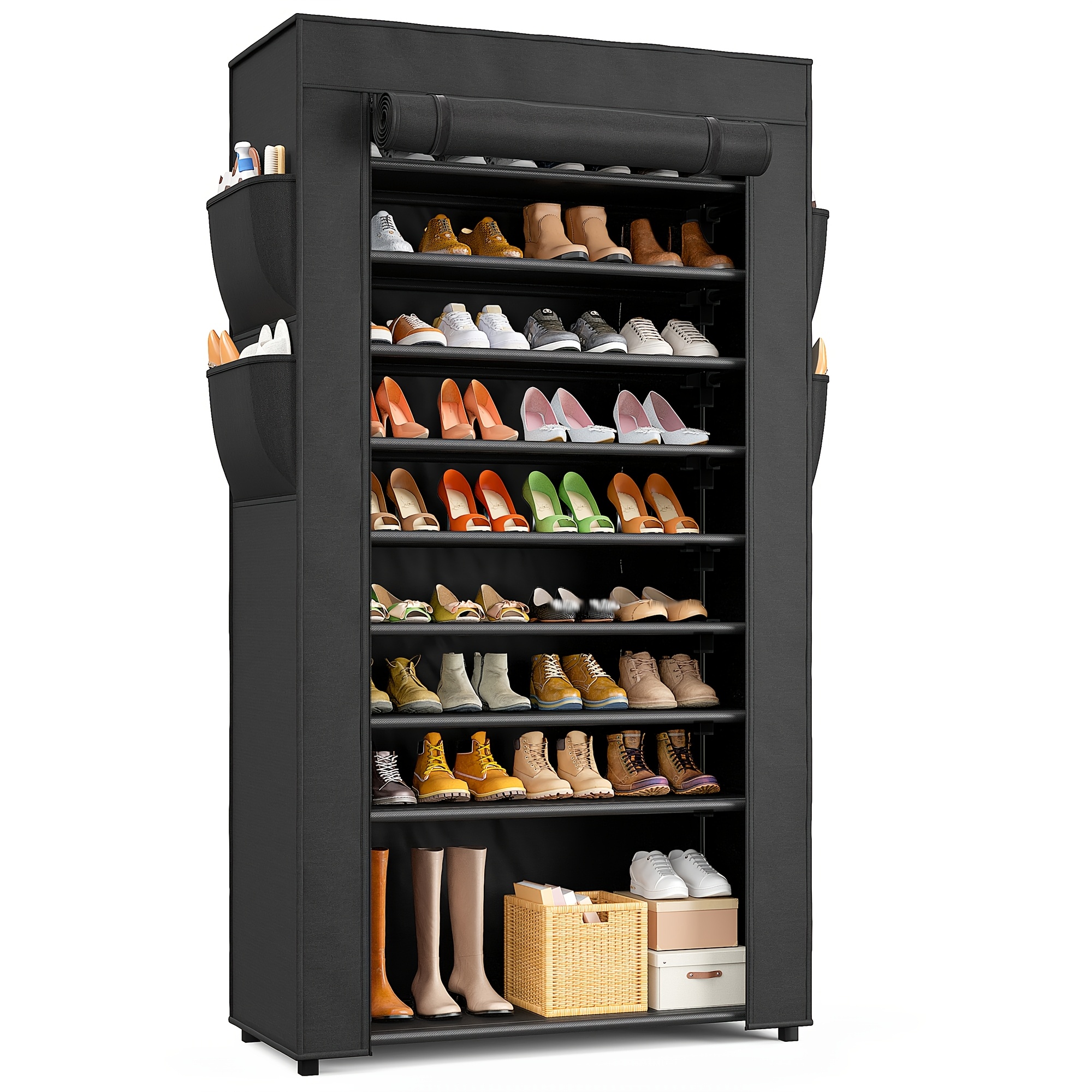 TEMU 9 Tier Shoe Rack With Covers, Large Capacity Stackable Tall Shoe Shelf Storage To 50-55 Pairs Shoes And Boots Sturdy Metal Free Standing Shoe Rack Organizer For Closet Entryway Garage