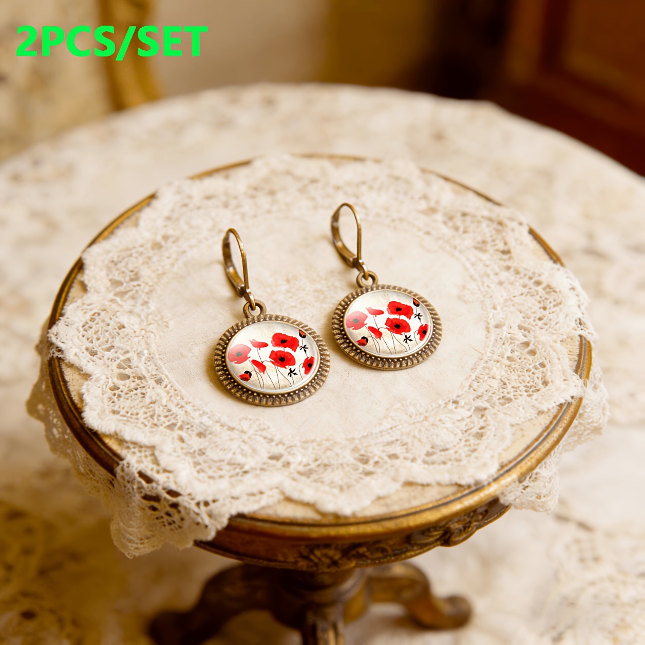 Teal Classic Pendant Earrings with Floral Design, Unisex