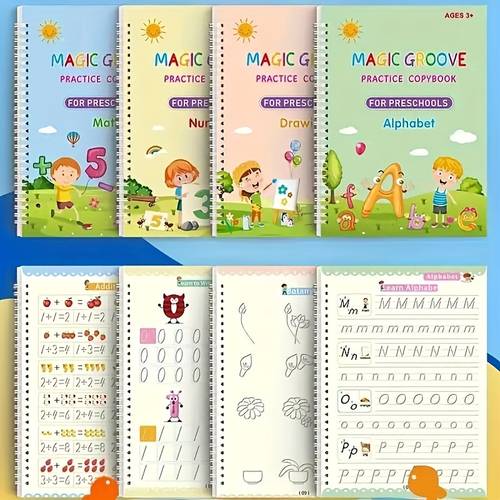 4pcs magic handwriting practice copybooks for ages 3 5 reusable preschool learning books with alphabet numbers and letter tracing activities colorful illustrations spiral binding educational workbooks preschool durable copybooks