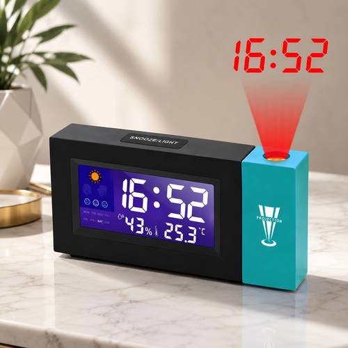 imagen del artículo reloj electrónico de proyección multifuncional con pantalla de , humedad, calendario y . luz de activada por voz, despertador de dormitorio y funcionamiento silencioso sin de botones. funciona con usb o pilas (pilas no incluidas)