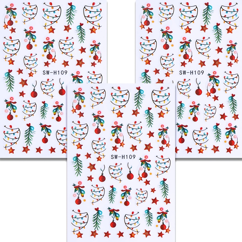 TEMU 3 Sheets Of Christmas Nail Stickers - Christmas Lights, Holly Branches, -pointed Stars, Balloons Nail Decals For New Year Nail Art Supplies -