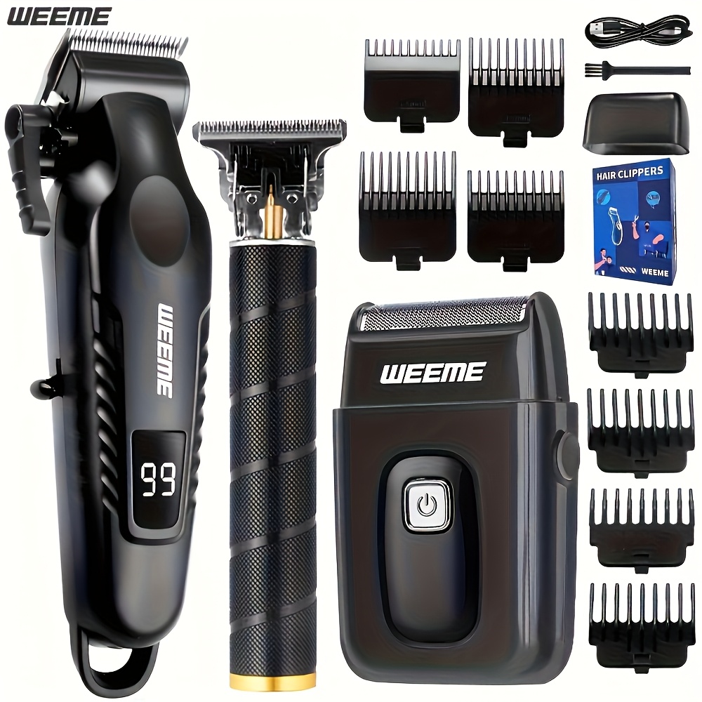 TEMU WEEME Ensemble de tondeuse à cheveux électrique professionnelle pour hommes 2pcs/3pcs avec tondeuse à 0 de de , chargement USB et écran LCD.