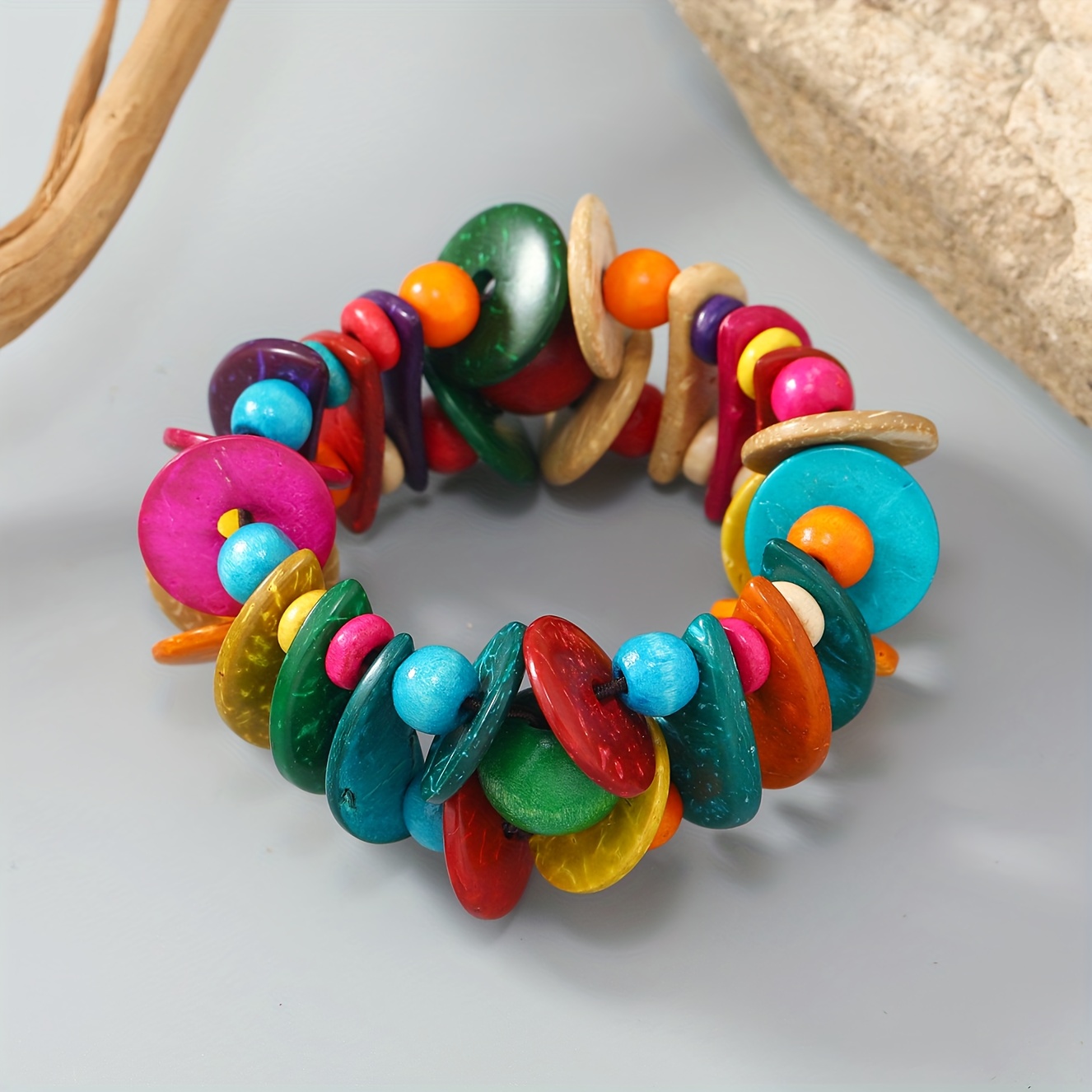 TEMU Bracelet ethnique bohème en bois et de