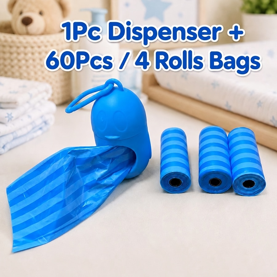 TEMU 60-count/4-roll Striped-pattern Diaper Trash Bags, With 1 Portable Penguin-shaped Storage Box. Diaper Changing Trash Bags, Car Trash Bags, Home