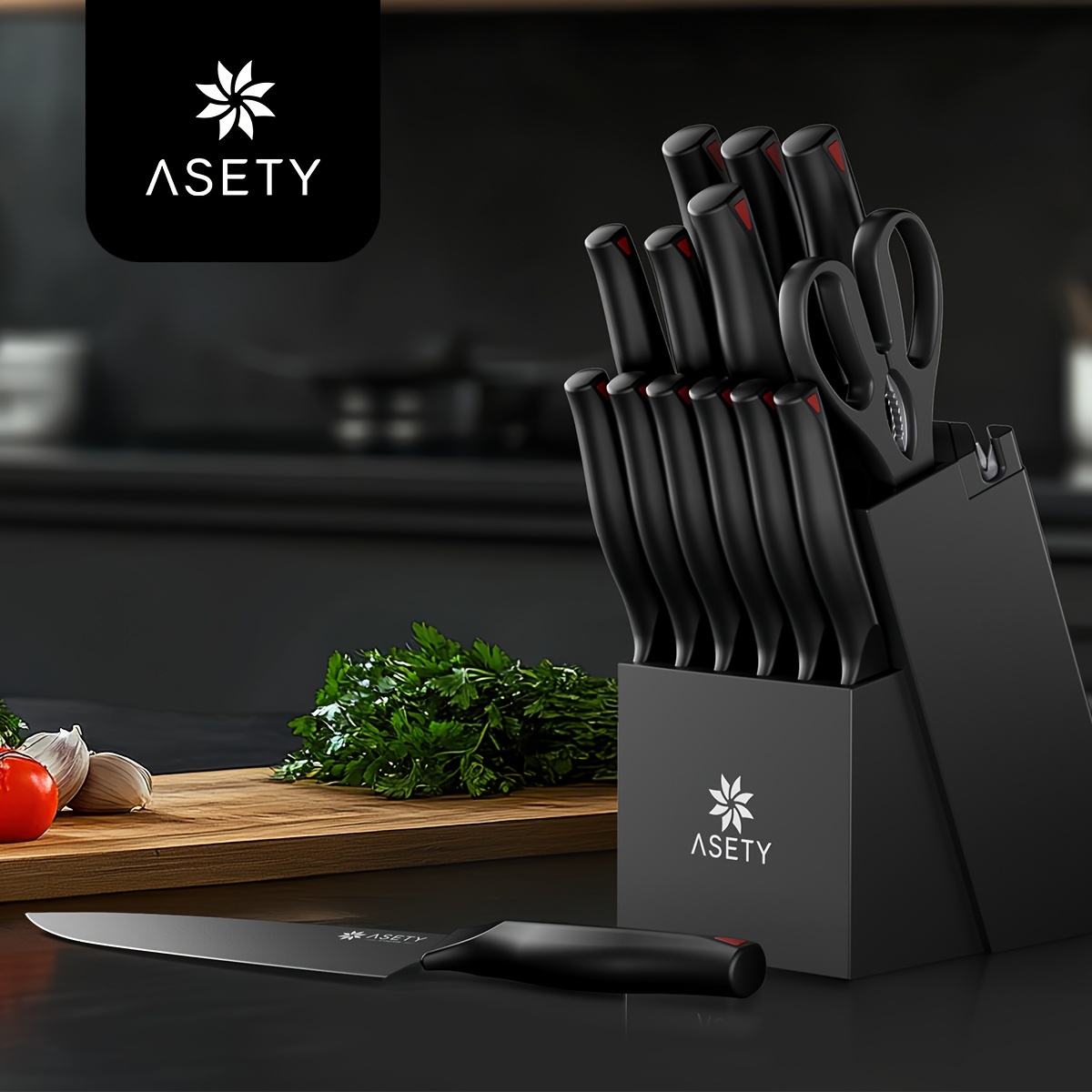 

Asety Knife Set, 15 Pcs Knife Set -in Sharpener , Steel Knife Set, Nsf Safe, Dishwasher Safe Knife For , , Box