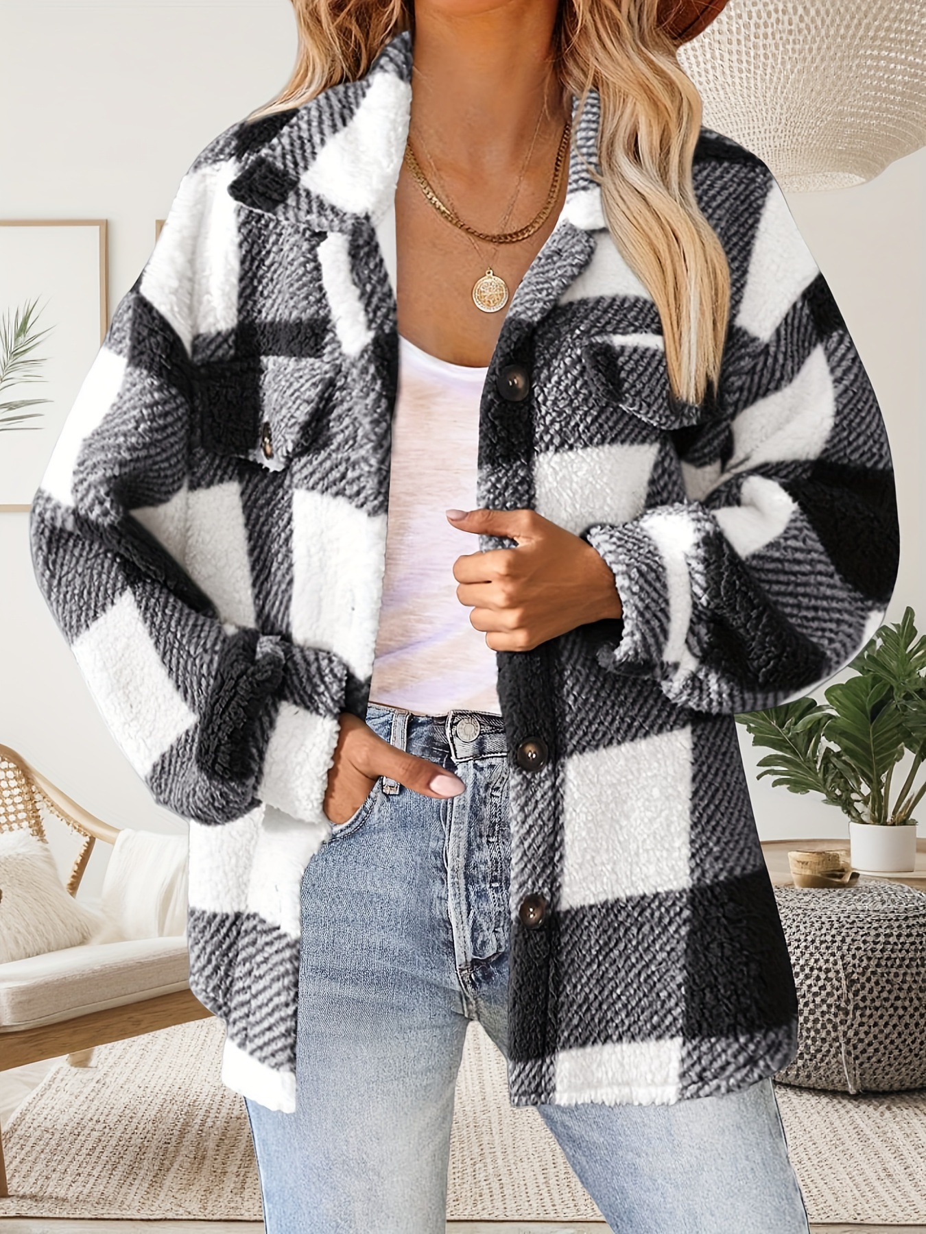 damen plüsch jacke knopfleiste in hahnentritt karomuster – Temu