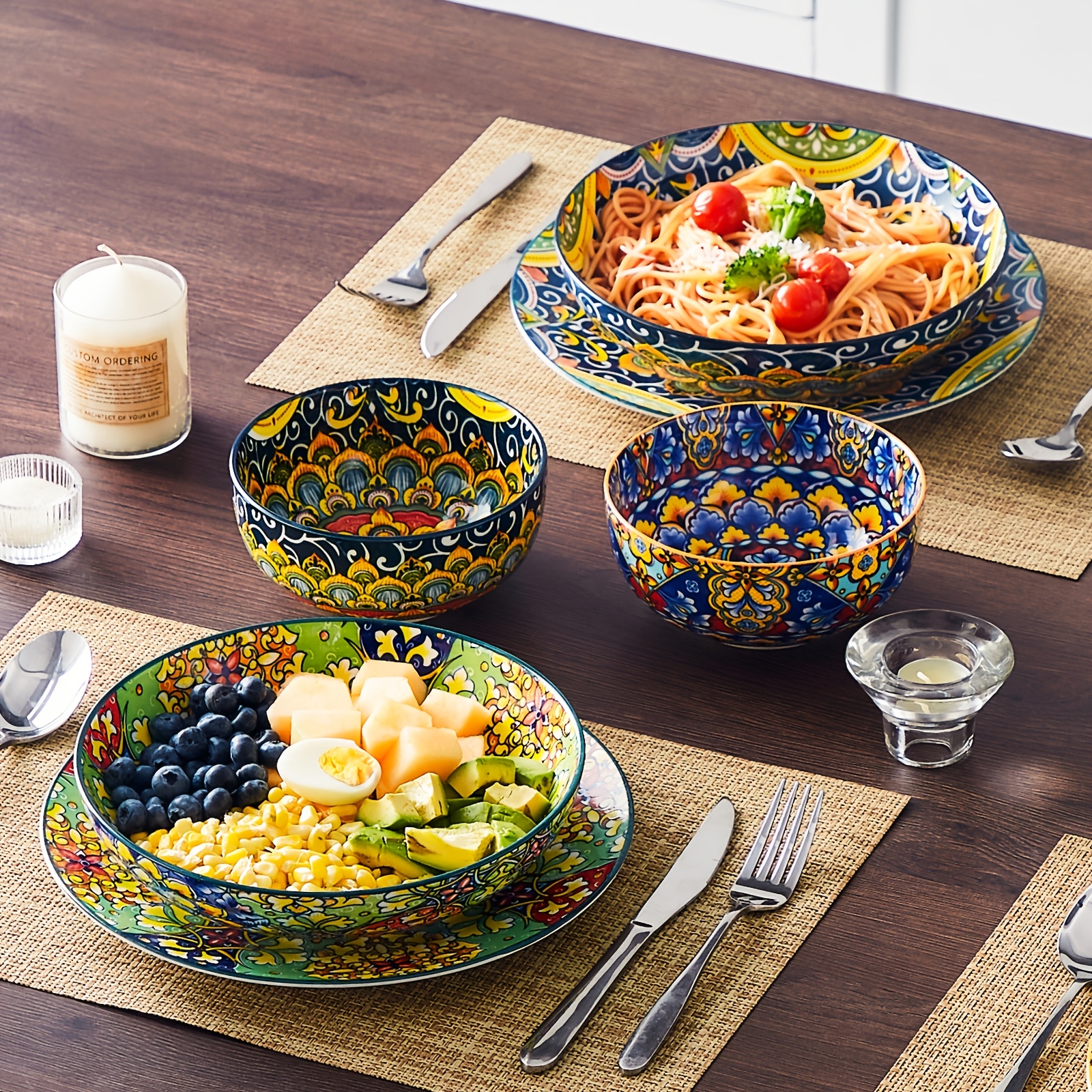 TEMU 4pcs Porcelain Bohemian Style Double Pattern Soup Bowl Salad Bowl Noodle Bowl Set Of 4