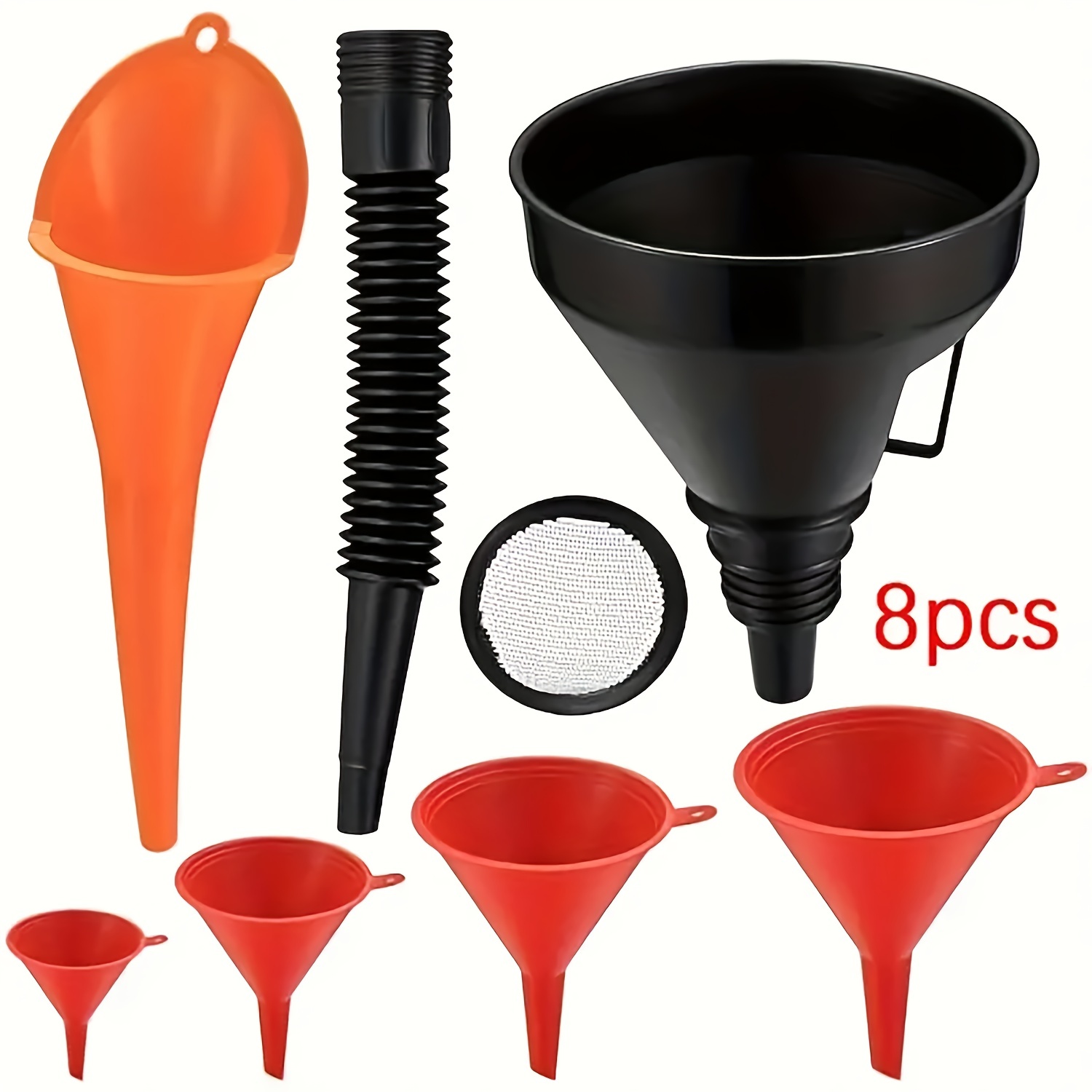 TEMU 8pcs/11pcs Set Car Funnel, Plastic Long Funnel, Spring Funnel, Flexible Right Angle Funnel, Wide Mouth Fuel Funnel, Plastic Funnel For Filling Coolant/gasoline/water/engine Oil