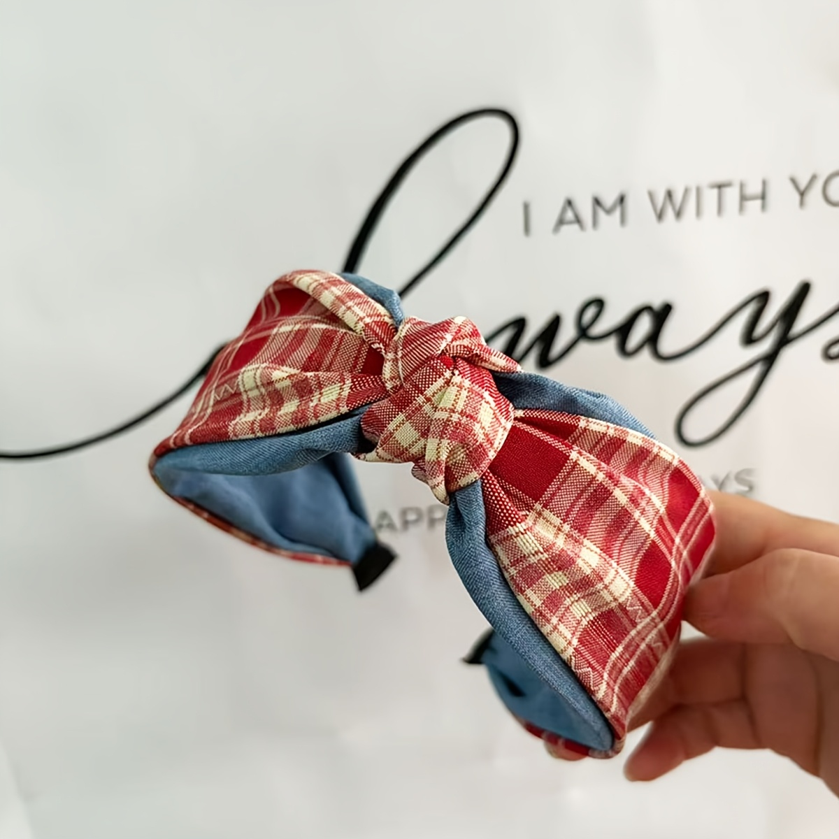 TEMU 1-pack British Style Red Blue Bow Wide Band Fabric Headband Denim Blue