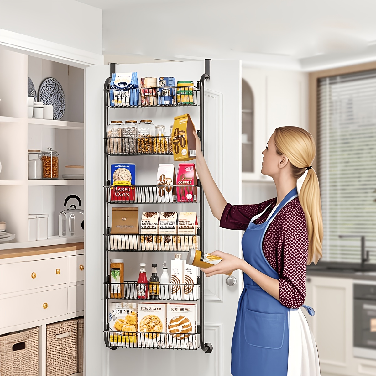 Image of 6/8 Tier Over-the-door Food Storage Rack, Spice Rack, Home Kitchen Cabinet Storage Rack, Large Capacity Hanging Spice Organizer, Laundry Room Storage, Snack Fge, Increase Storage Space