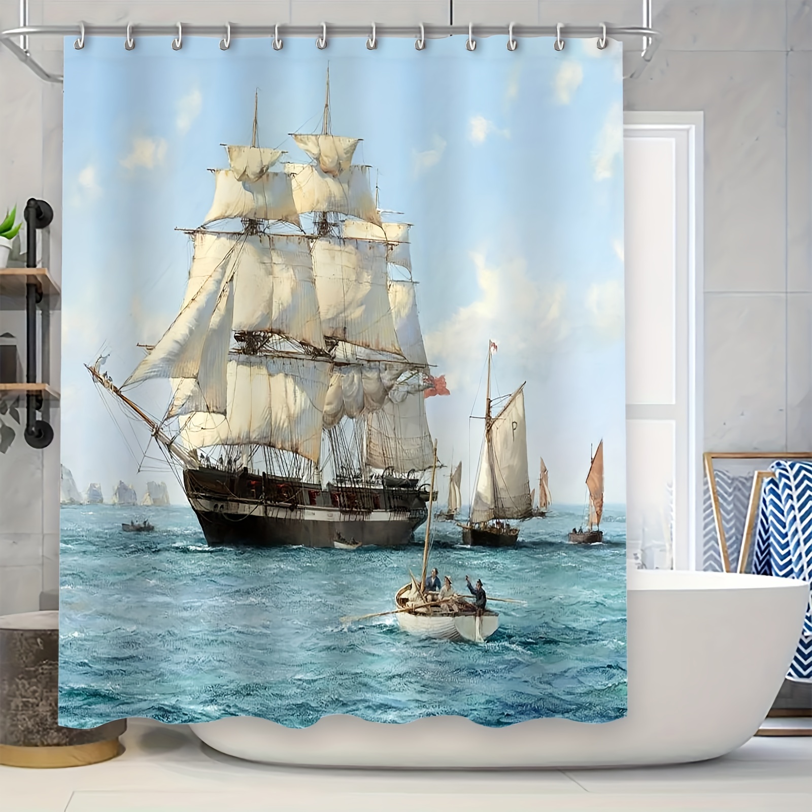 

Water-resistant Nautical Shower Curtain Set With 12 Eyelets - Ocean Sailboat Print, Fashion Bathroom Divider Curtain, Mold-proof Polyester Bath Curtain For Home And Bathtub Decor, 70.8inch X 70.8inch