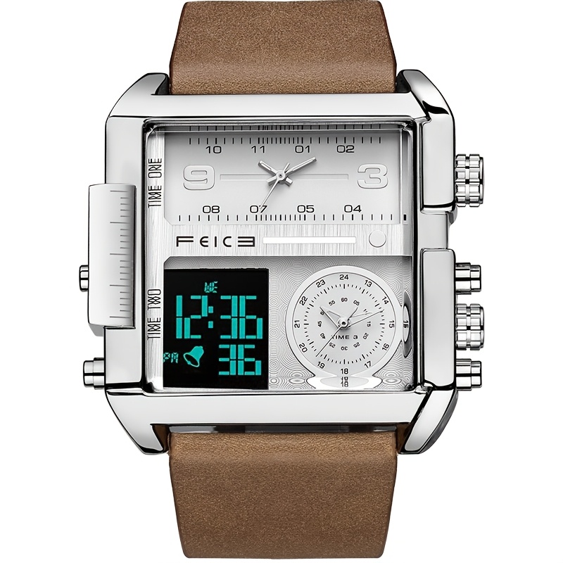 Men's Watch Digital Led Quartz Watch 50mm Large Dial Square Men's Watch Multifunctional Sports Men's Watch Luminous Alarm Clock Timer 24h Calendar Cowhide Strap Men's Gift Fk030