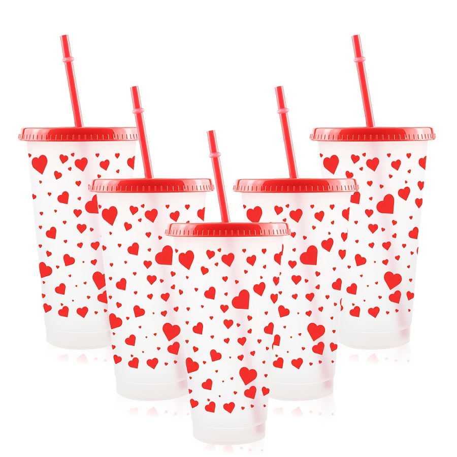 TEMU 5/10pcs, 24oz Red Heart Plastic Water Bottles - Reusable & Durable, With Lid And Straw For Outdoor Weddings, Camping, Picnics, Parties, Sports, Yoga, Valentine's Day - Ideal Juice Cups