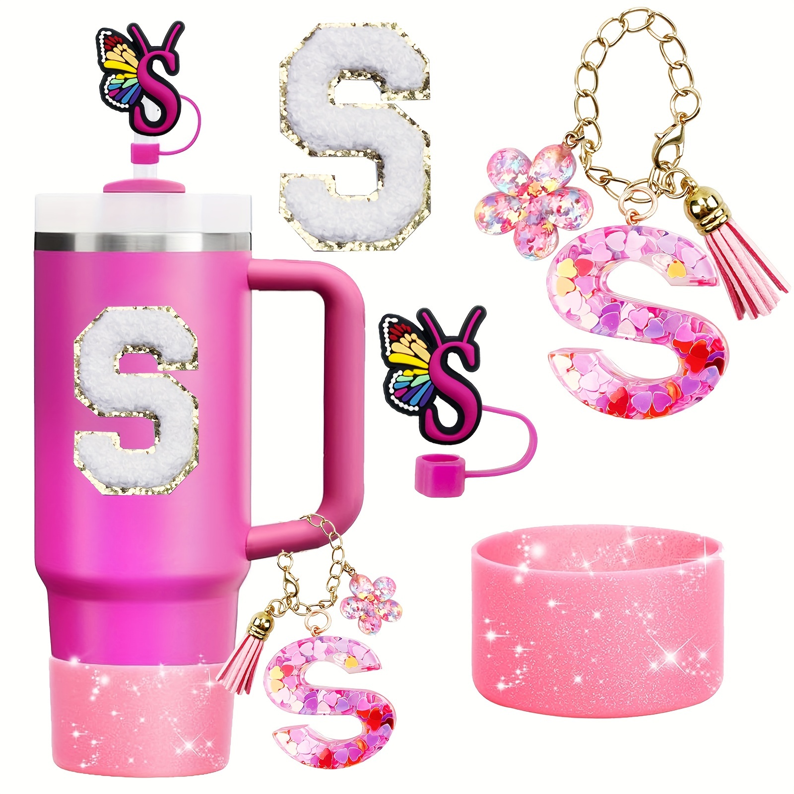 

Silicone Sports Accessory Set – 1 Straw Plug, 1 Cup Coaster, 1 Charm Pendant, 1 Alphabet Decal (cup Not Included)