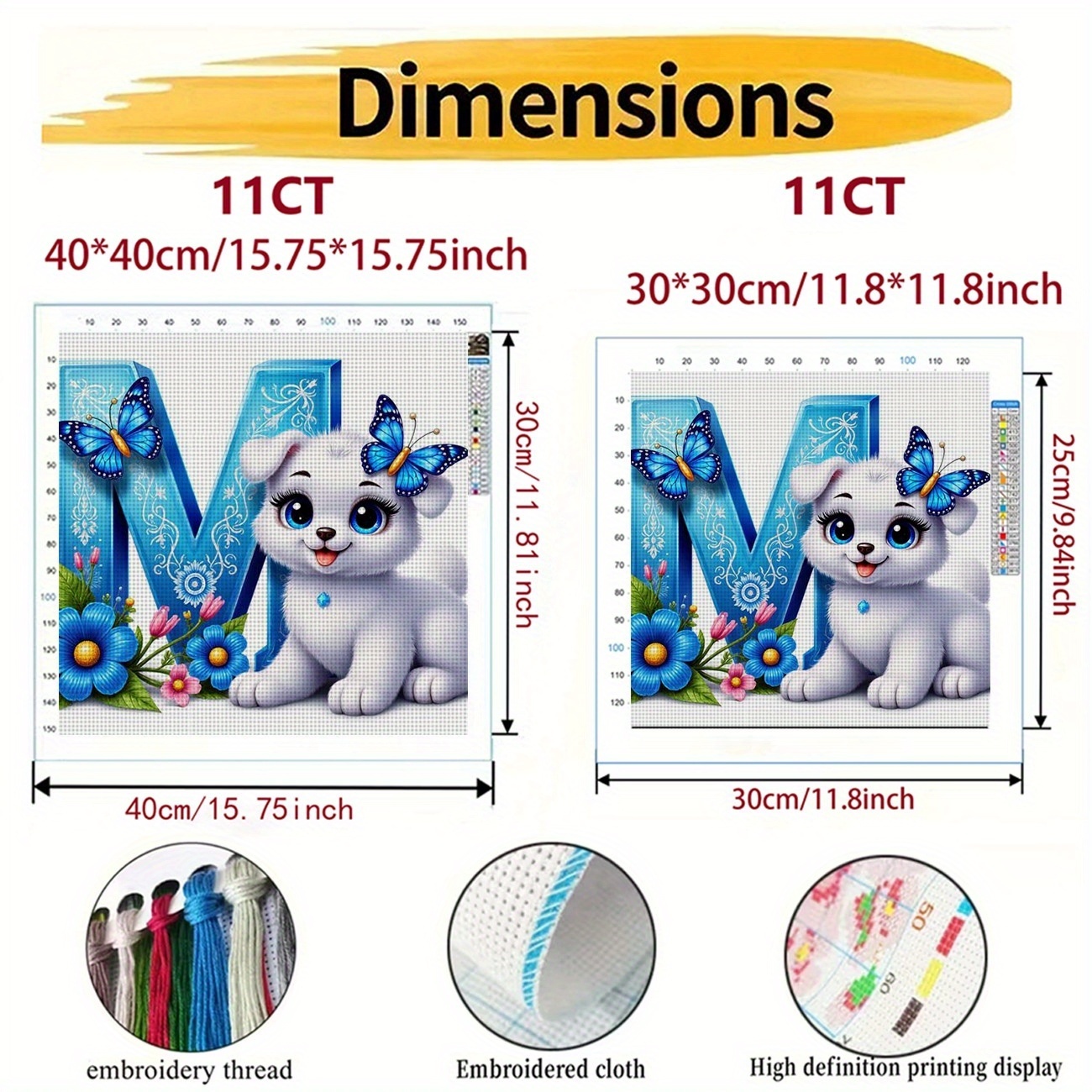 Printed DIY Cross Stitch Kit, Frameless, White Puppy with Butterflies Pattern