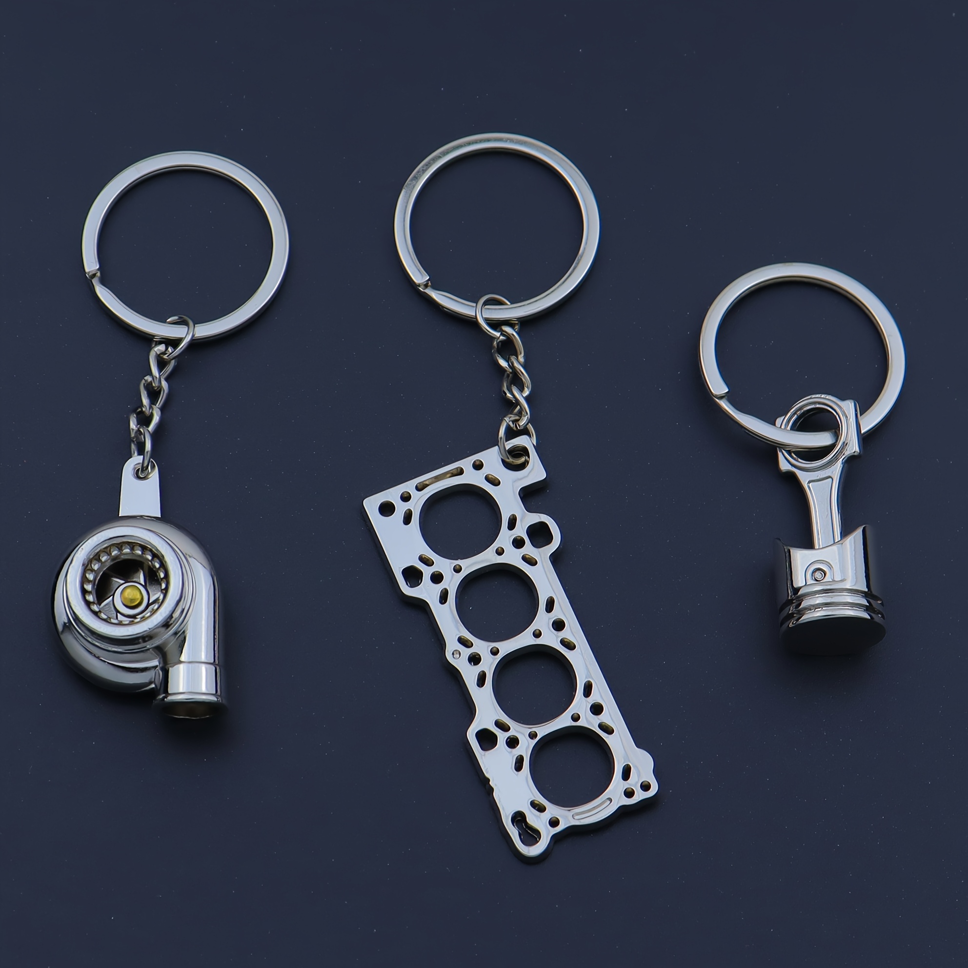 TEMU 3pcs Creative Car Modification Keychains, Featuring Piston, Turbo, And Engine Plate Designs, Perfect For Car Enthusiasts And As Gift Keychains
