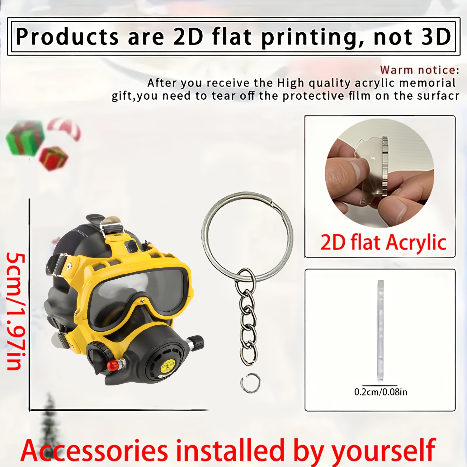 TEMU Llavero 2D de acrílico de máscara de buceo profesional y regulador y , para accesorios de mochila y dijes para teléfono, colgante para mochila,