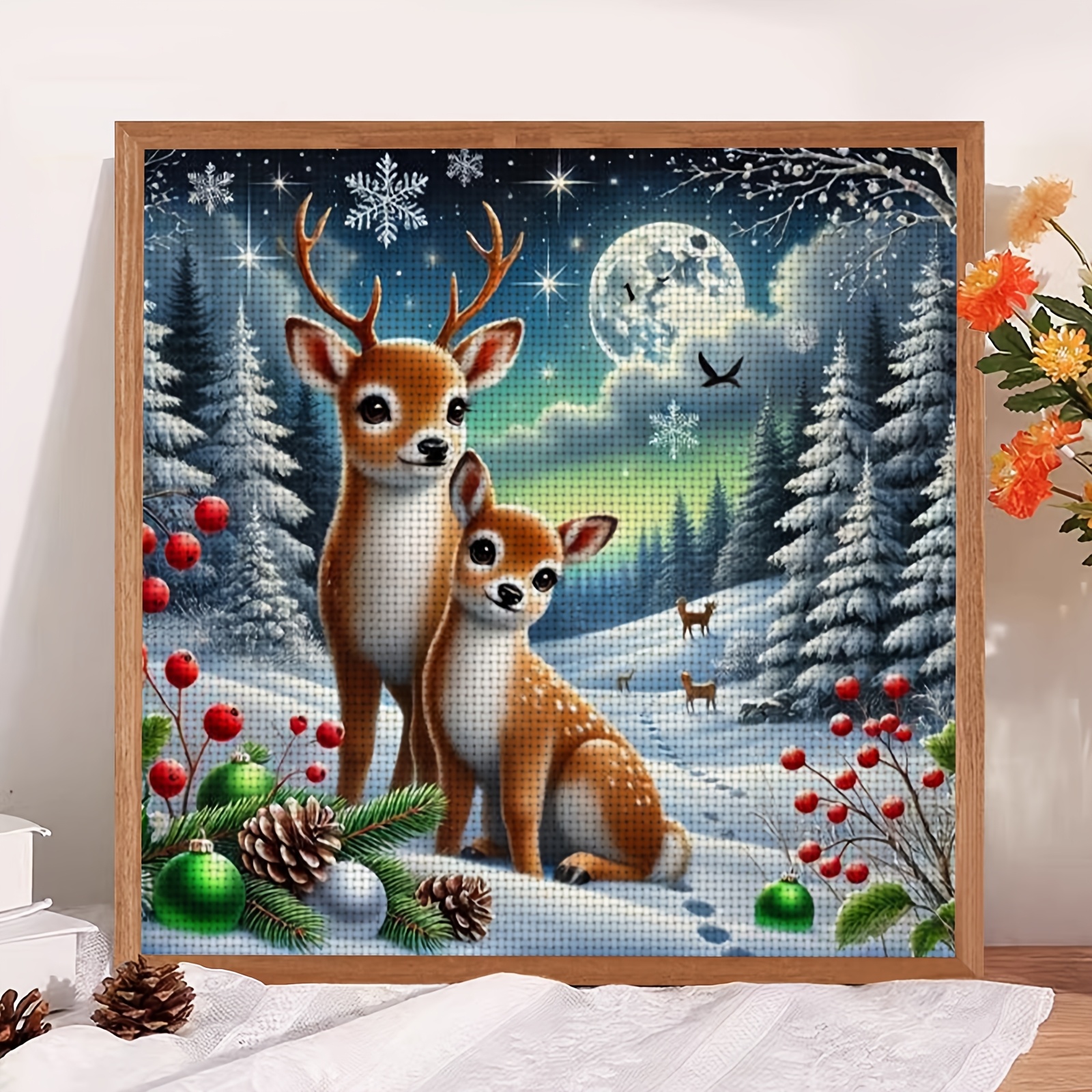 "Christmas Winter Night with Two Deer" Cross Stitch Kit, Perfect for Beginners
