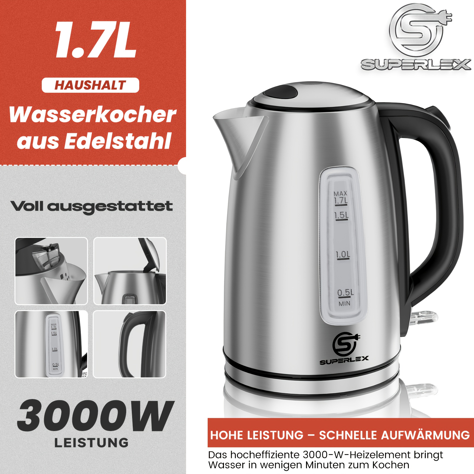 Image of Superlex 1.7l Electric Kettle With 1850-2200w Fast Boil, Temperature Control, Auto Shut-off, Anti-dry Protection, Pp , Removable Filter And Auto-open Lid