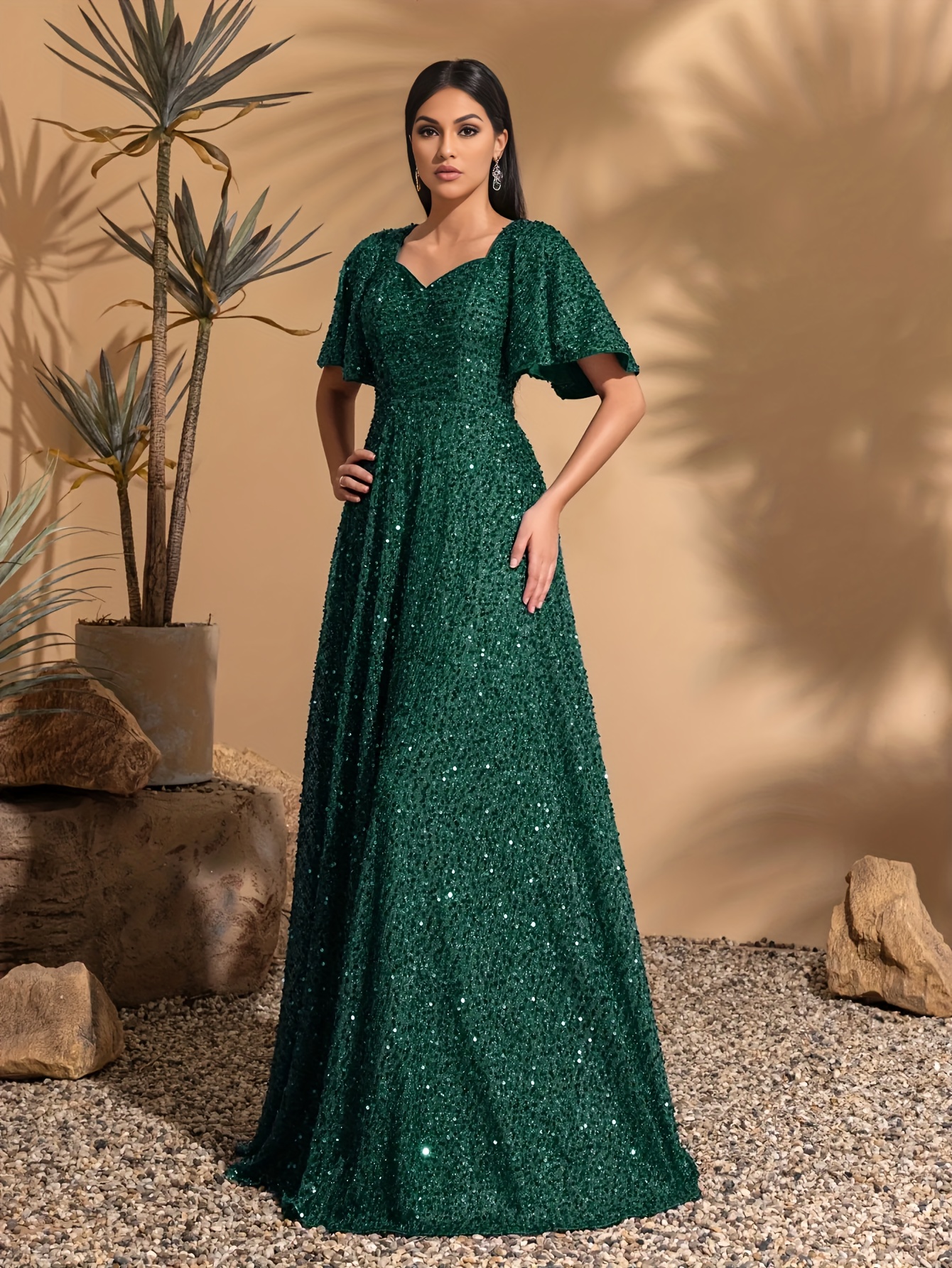 green emerald velvet dress V-Neckline Glitter Embellishment Long Gown J810A – Sparkly Gowns main image 1