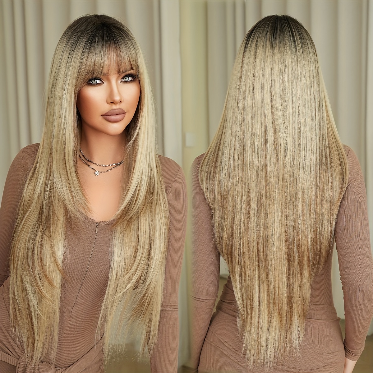 Image of Routine Wig Long Straight Ombre Golden Wigs With Dark High Layered Density Ombre Beige Wigs For Women Daily Party Use Heat Resistant Synthetic Wig Elegant 34 Inches