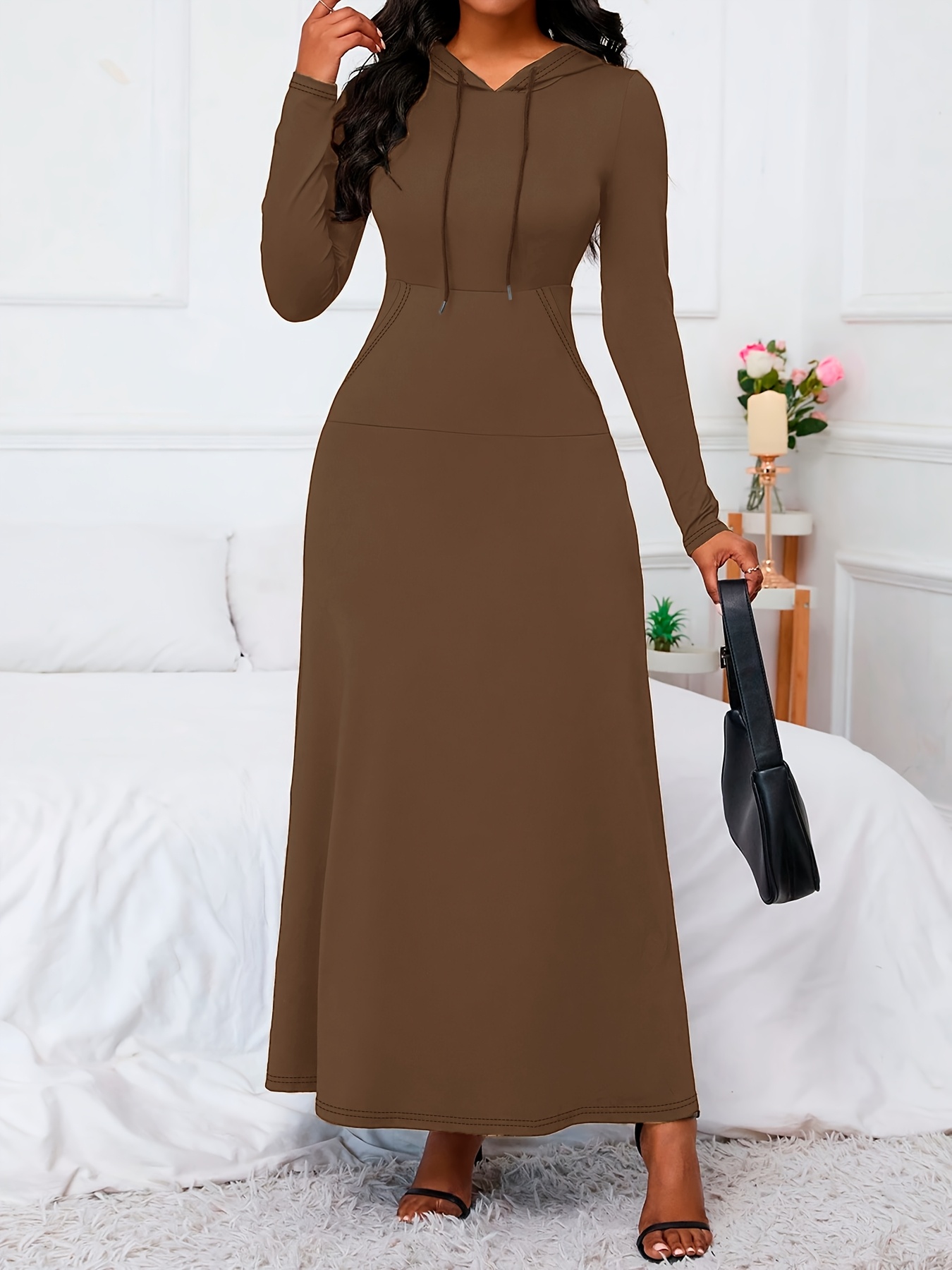 elegant hooded dress Cowl Hood Maxi Goddess Dress Brown / XS-XL Custom Fit main image 1