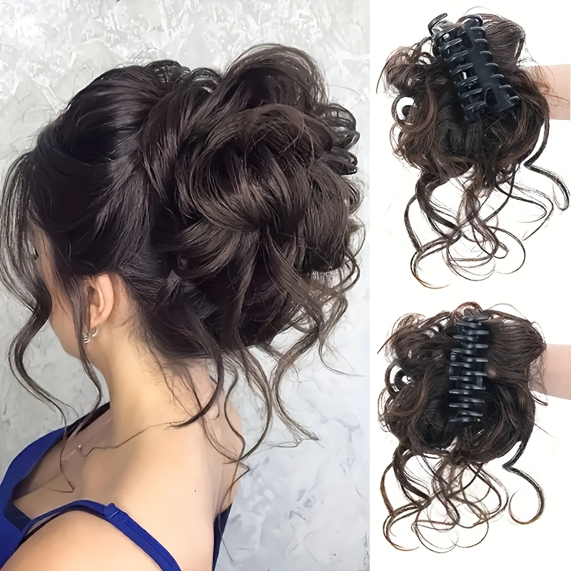 

Elegant Women’s Messy Curly Synthetic Hair Bun Extension - Updo Claw Clip Hairpiece For Effortless Styling, Brown Hair With Clip, All Hair Types, Hair Accessories