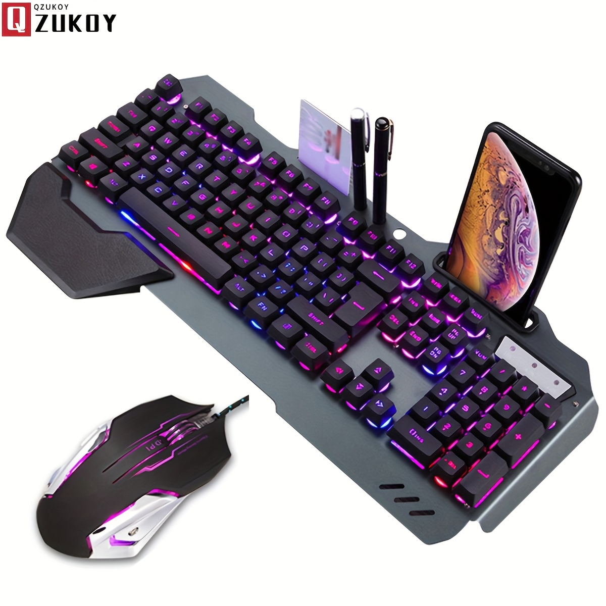 

1pc Qzukoy Mechanical Gaming Keyboard With Rgb , Buttons, Mobile Phone Holder, Card Slot, Pen Slot, Wired Usb Interface, Anti-jamming Magnetic Ring, Cable - Pc Desk Keyboard Without Battery