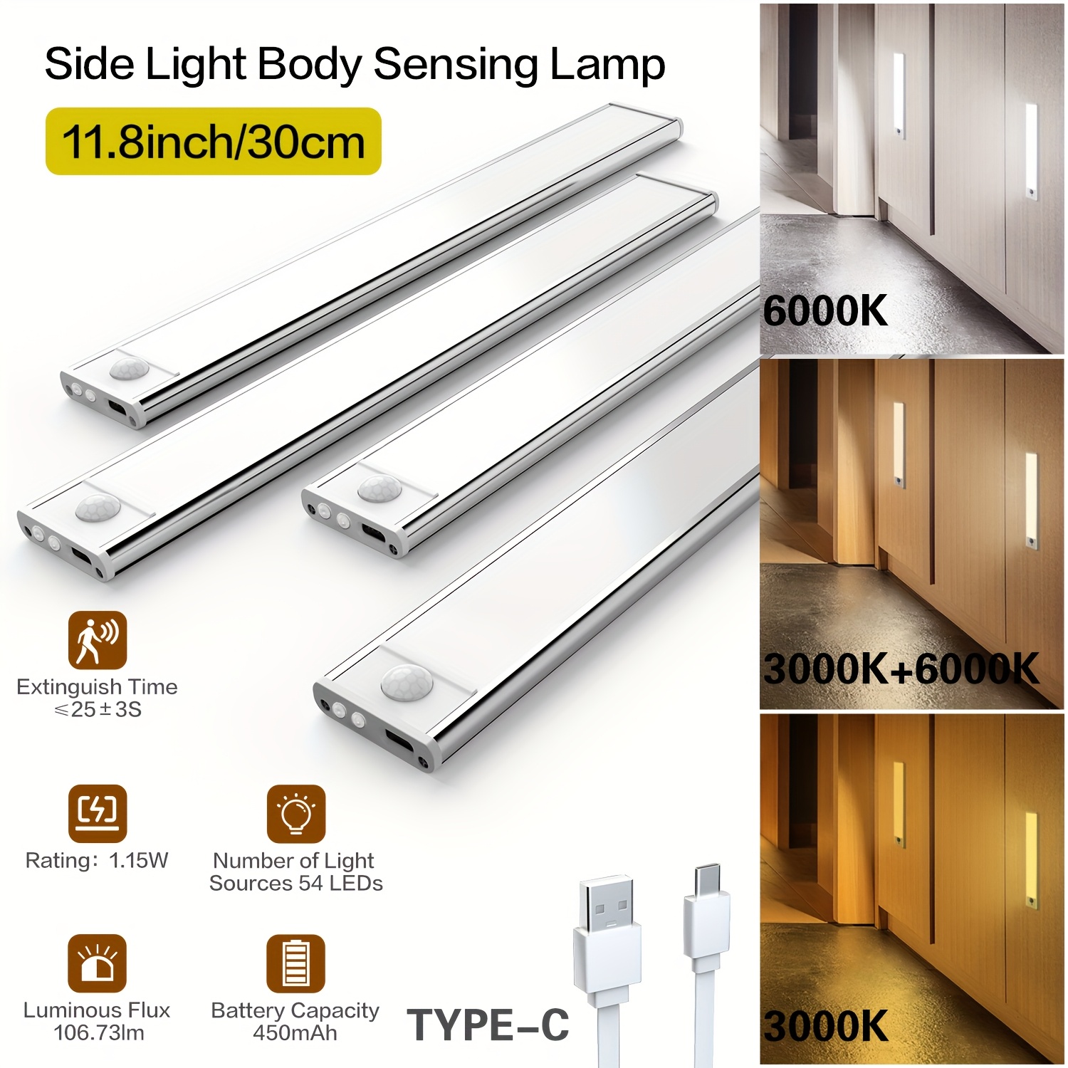 

Smart Led Motion Sensor Cabinet Lights (4pack), 11.8inch Aluminum Housing, Magnetic Install, Usb Charging, 54 Leds, Adjustable Color Temperature, Suitable For Closet, Cabinet, And Stair Lighting