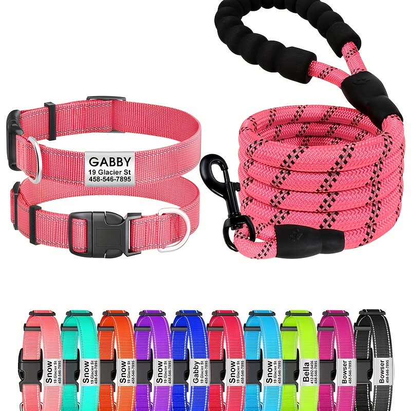 Personalized Reflective Dog Collar and Leash Set with Safety Locking Buckle