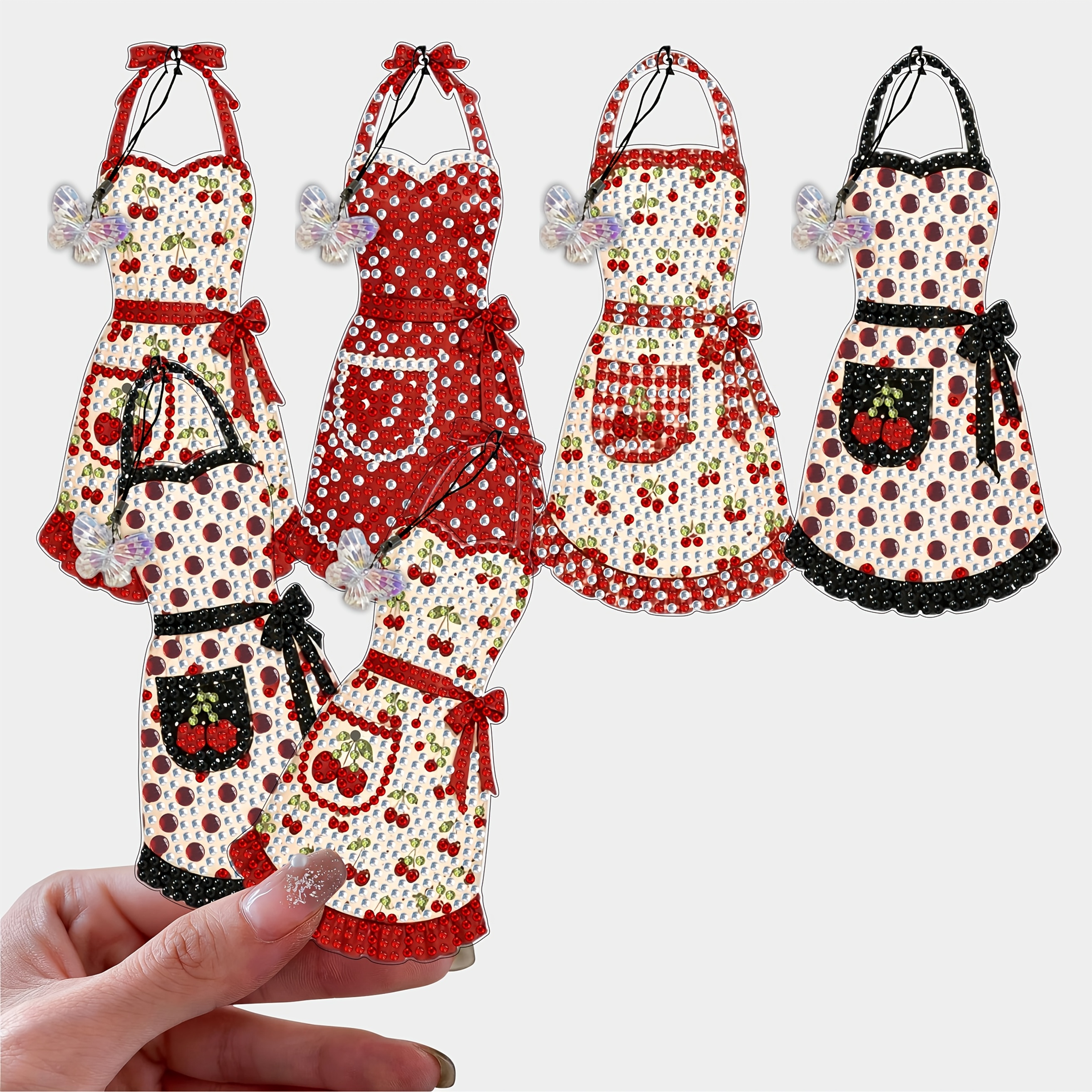 TEMU 4pcs Cherry Apron Style Diamond Painting Bookmark Set Rhinestone Bookmark Set With 4pcss Crystal Charms, Suitable For Beginner Craft, Suitable