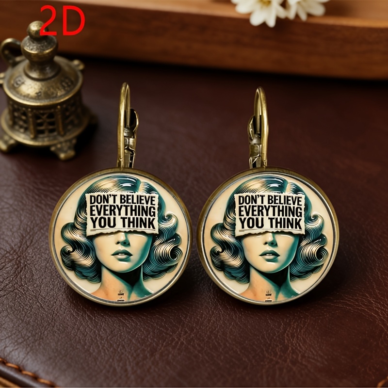 TEMU Distressed Retro "don't Believe Everything You " Stud Earrings, Round Glass Surface, Niche Personalized Exquisite Earrings