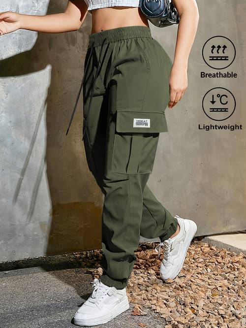 womens fashion casual trendy solid color drawstring waist cargo pants with large pockets suitable for sports streetwear and casual attire