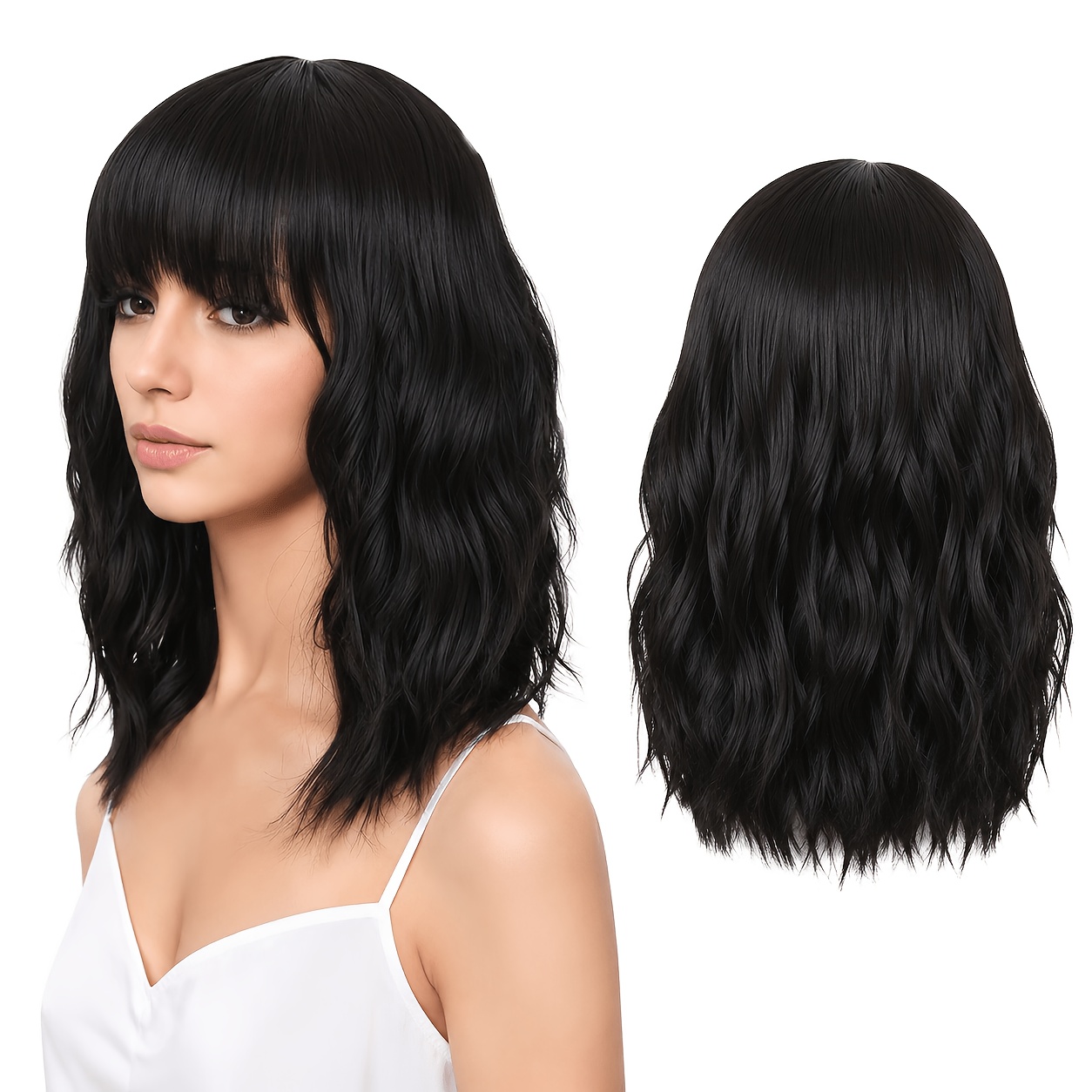 TEMU 1pc Water Wave Synthetic Wig With Neat Bangs Lightweight 14 Inch Black For Women Daily Party Cosplay Heat Resistant Wig